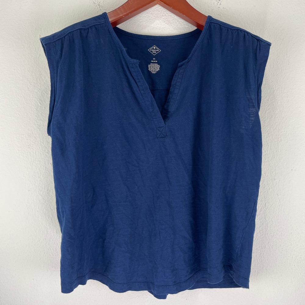 St Johns Bay Womens XXL Navy Blue Cotton Sleeveless Split V-Neck Top Coastalcore